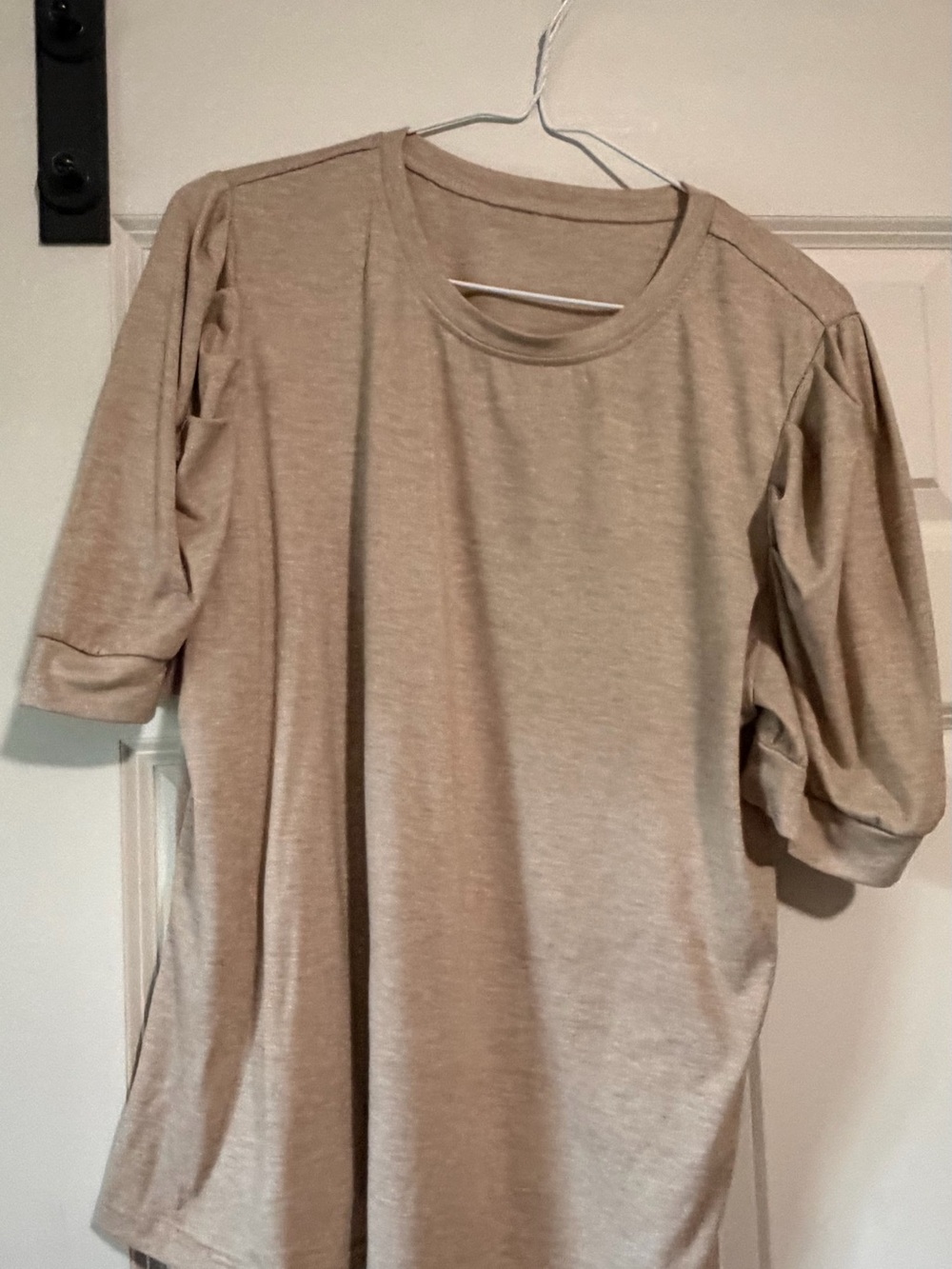 Beige Puff Sleeve Crewneck Top - Women's Short Sleeve